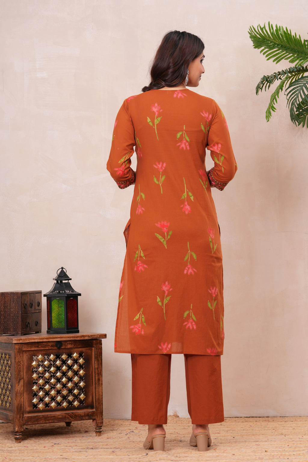 Women’s Cotton Printed Kurta Set with Embroidered Neck & Sleeves