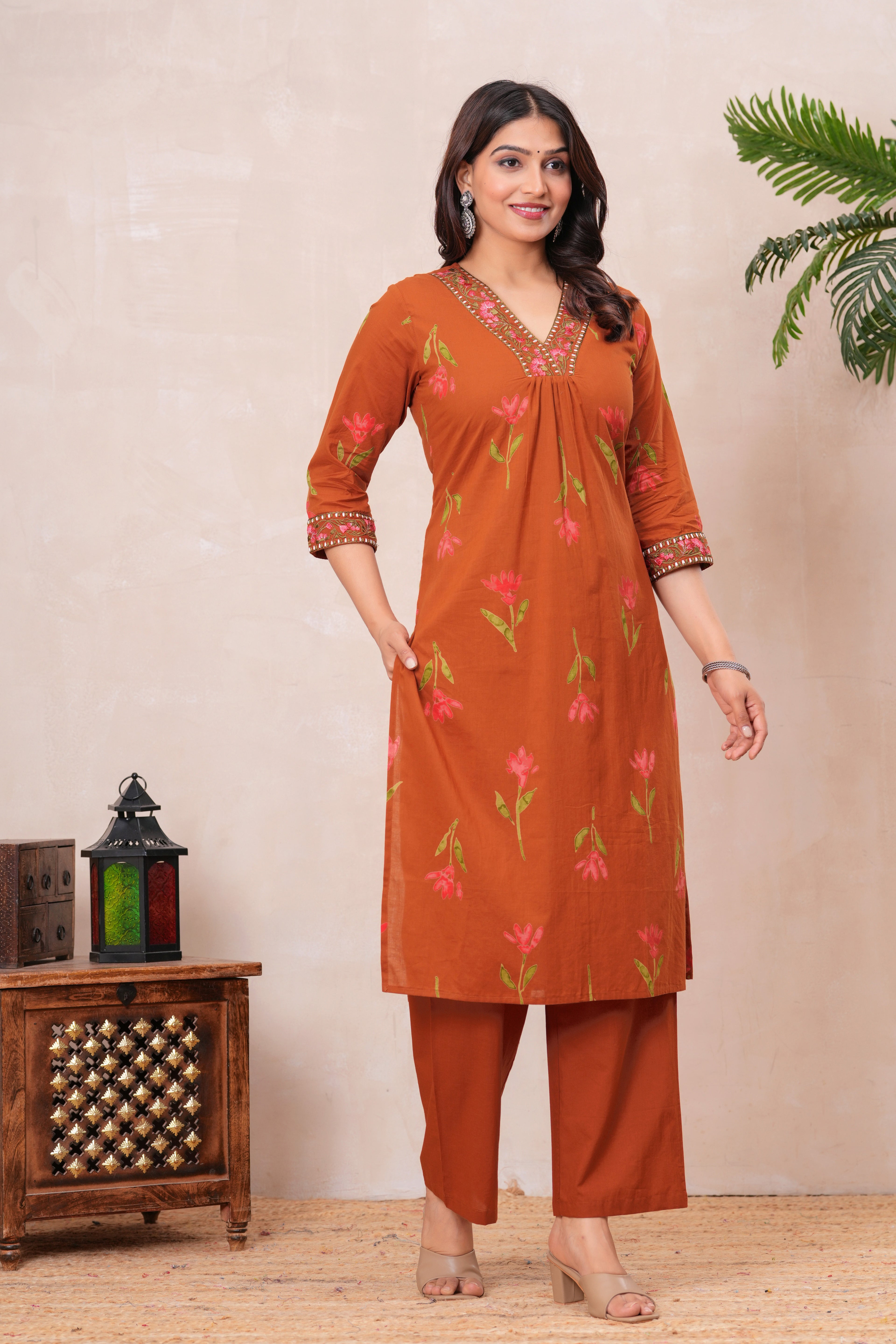 Women’s Cotton Printed Kurta Set with Embroidered Neck & Sleeves
