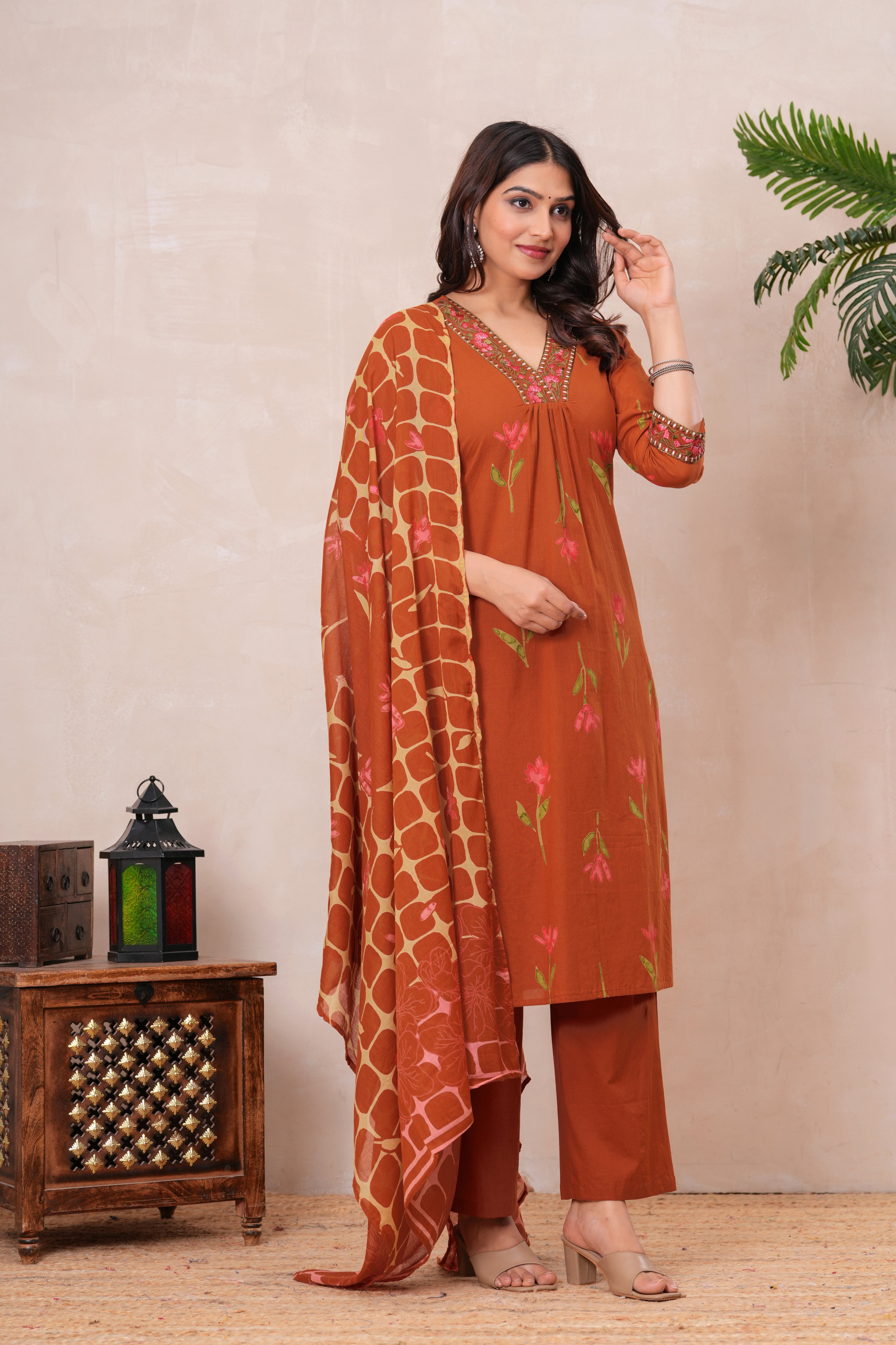 Women’s Cotton Printed Kurta Set with Embroidered Neck & Sleeves