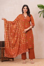 Women’s Cotton Printed Kurta Set with Embroidered Neck & Sleeves
