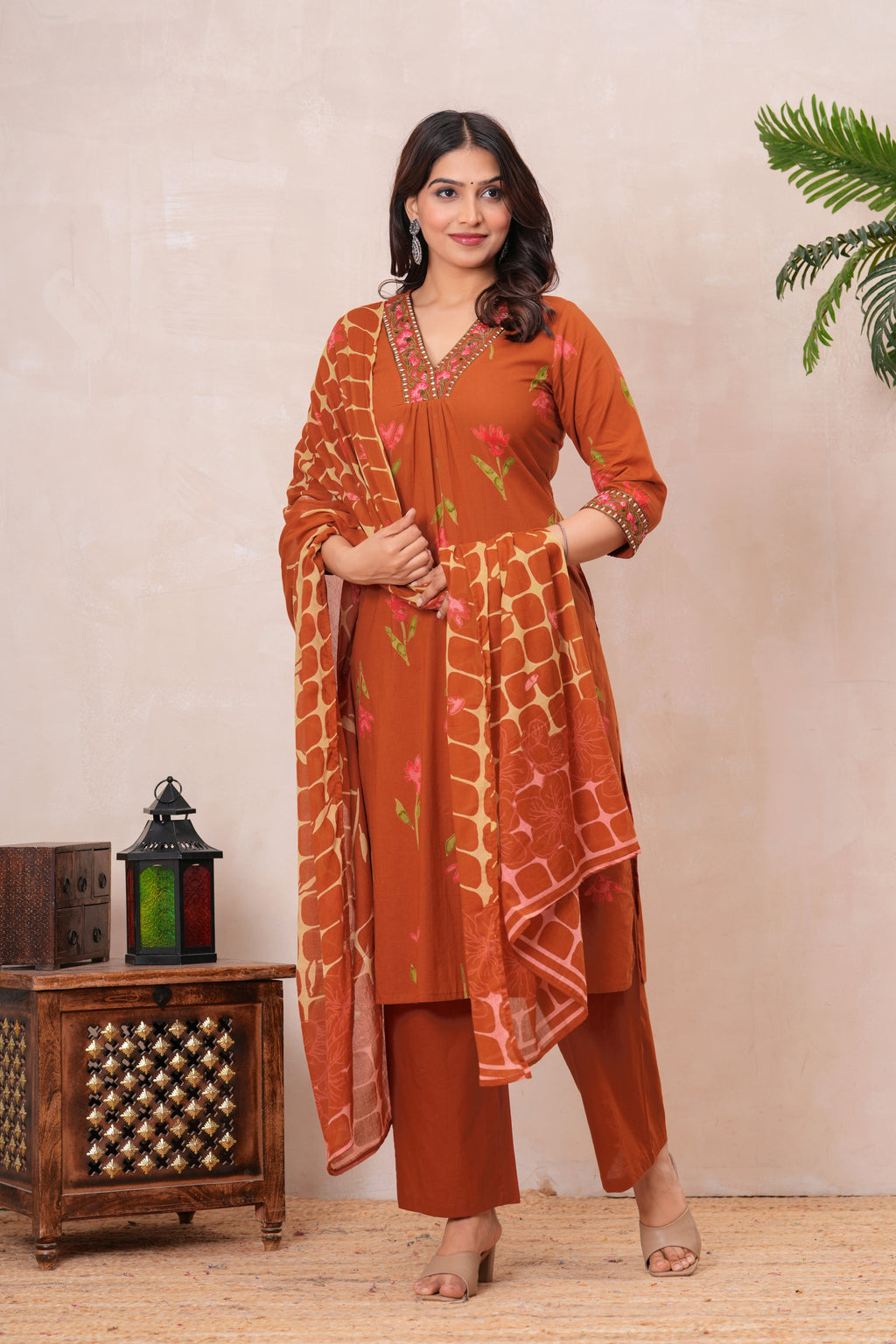 Women’s Cotton Printed Kurta Set with Embroidered Neck & Sleeves