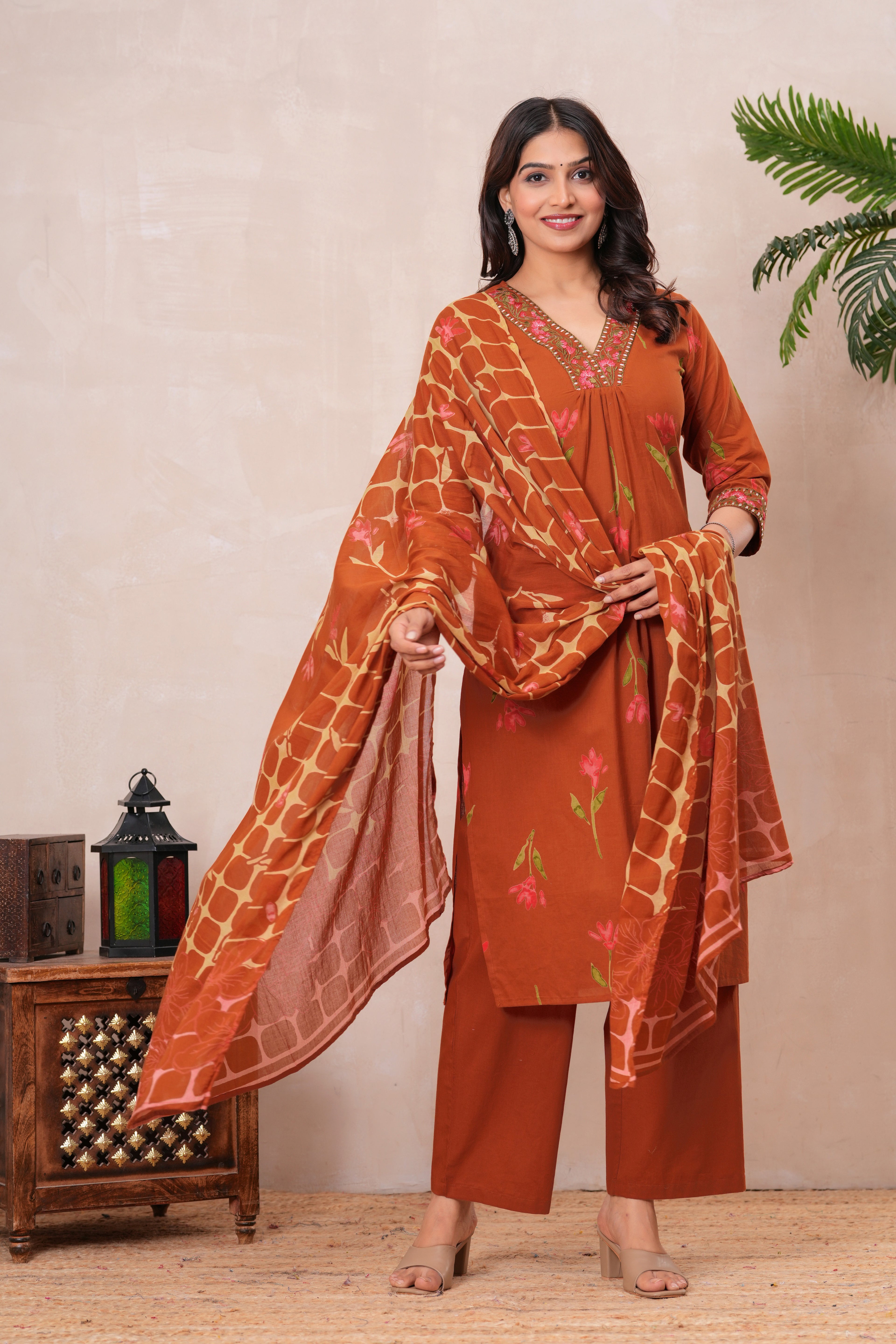 Women’s Cotton Printed Kurta Set with Embroidered Neck & Sleeves