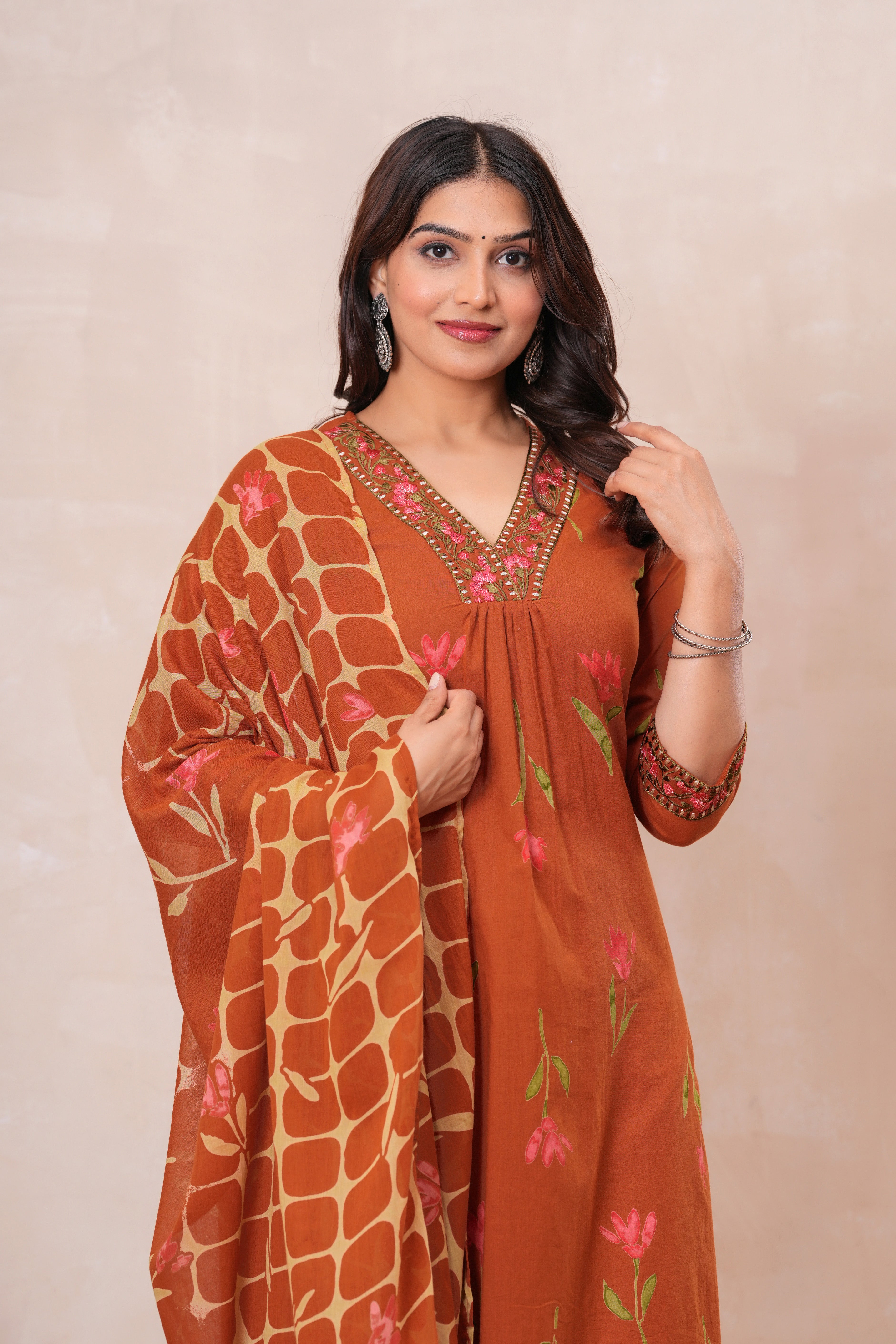 Women’s Cotton Printed Kurta Set with Embroidered Neck & Sleeves