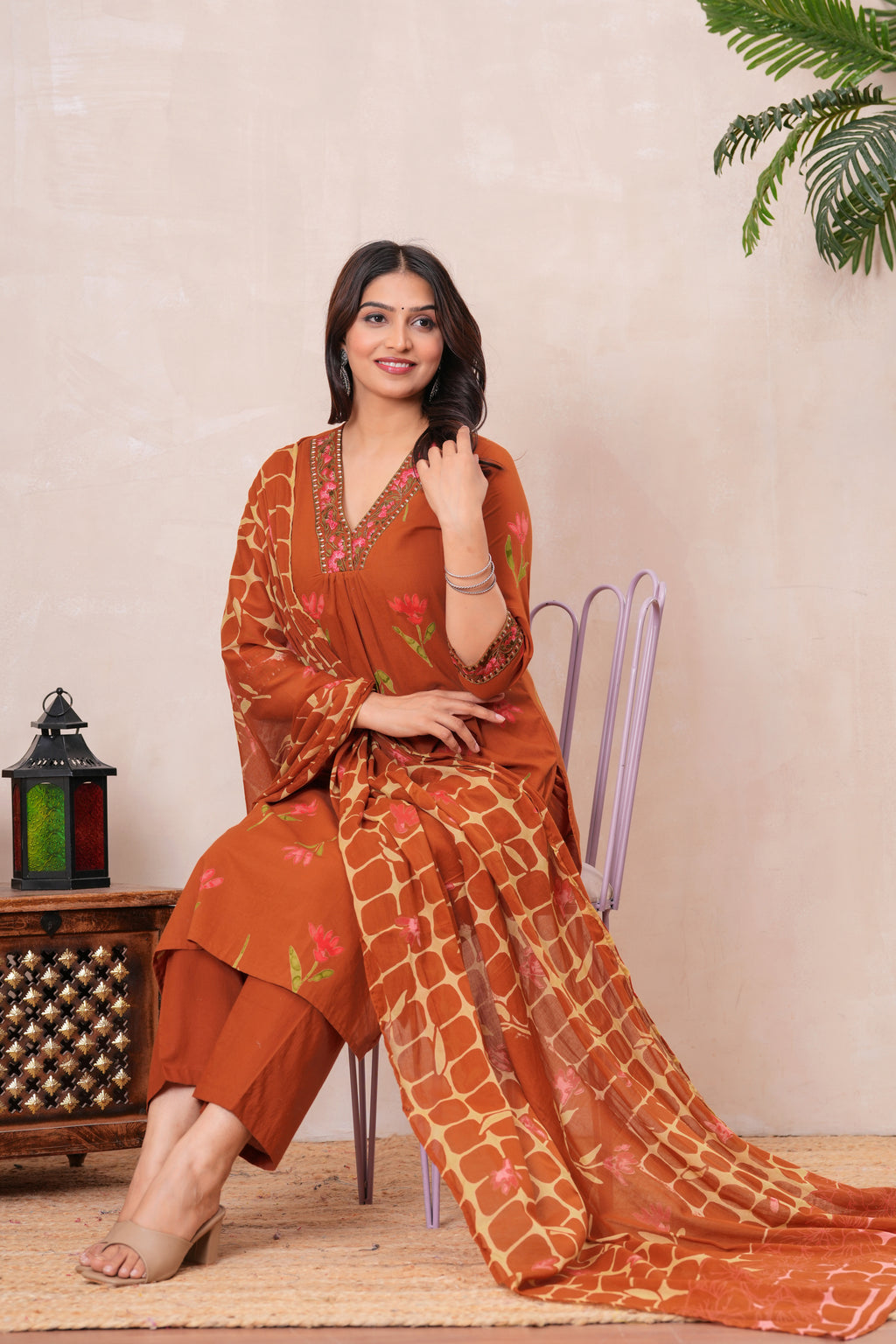 Women’s Cotton Printed Kurta Set with Embroidered Neck & Sleeves