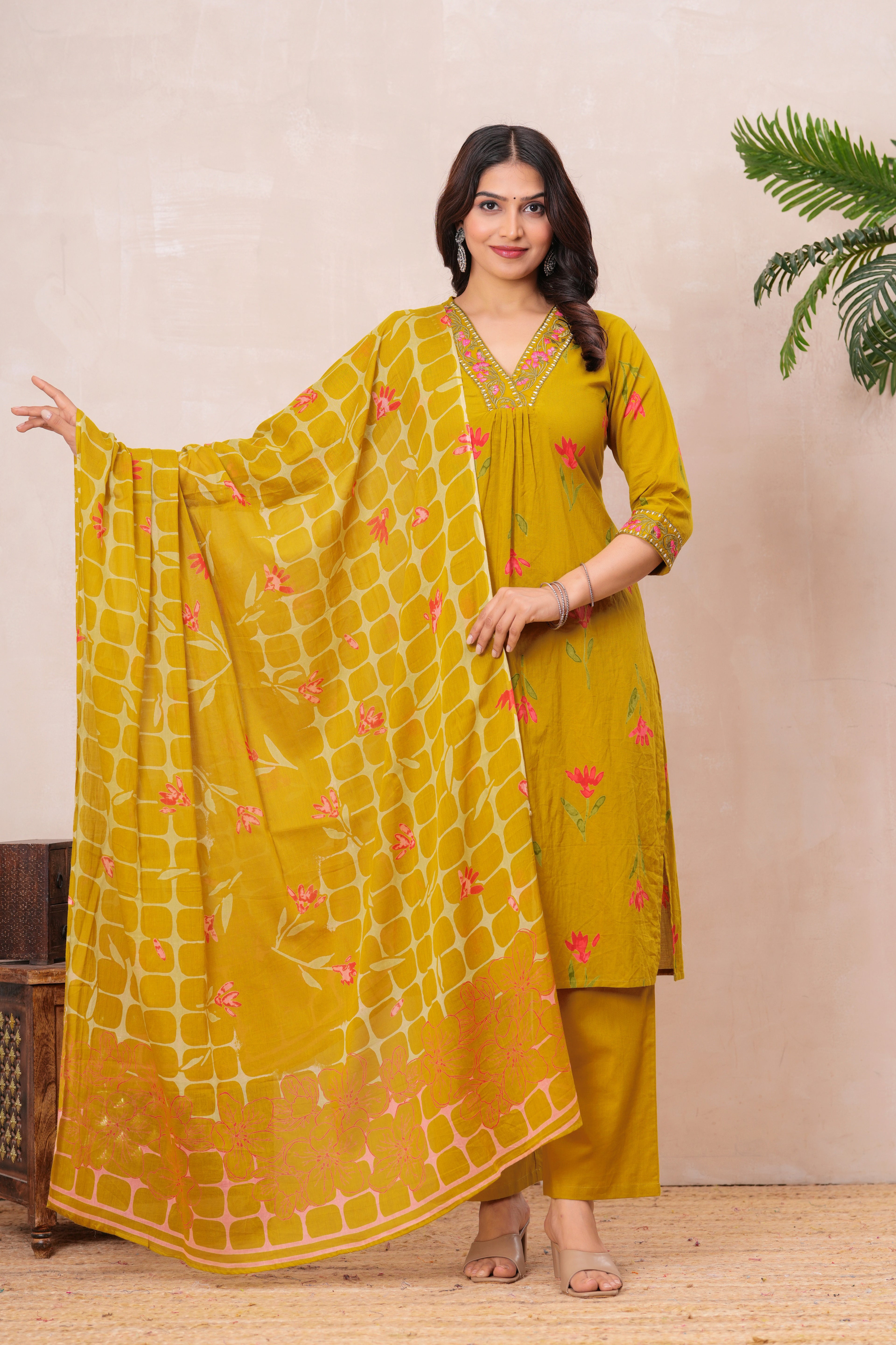 Women’s Cotton Printed Kurta Set with Embroidered Neck & Sleeves