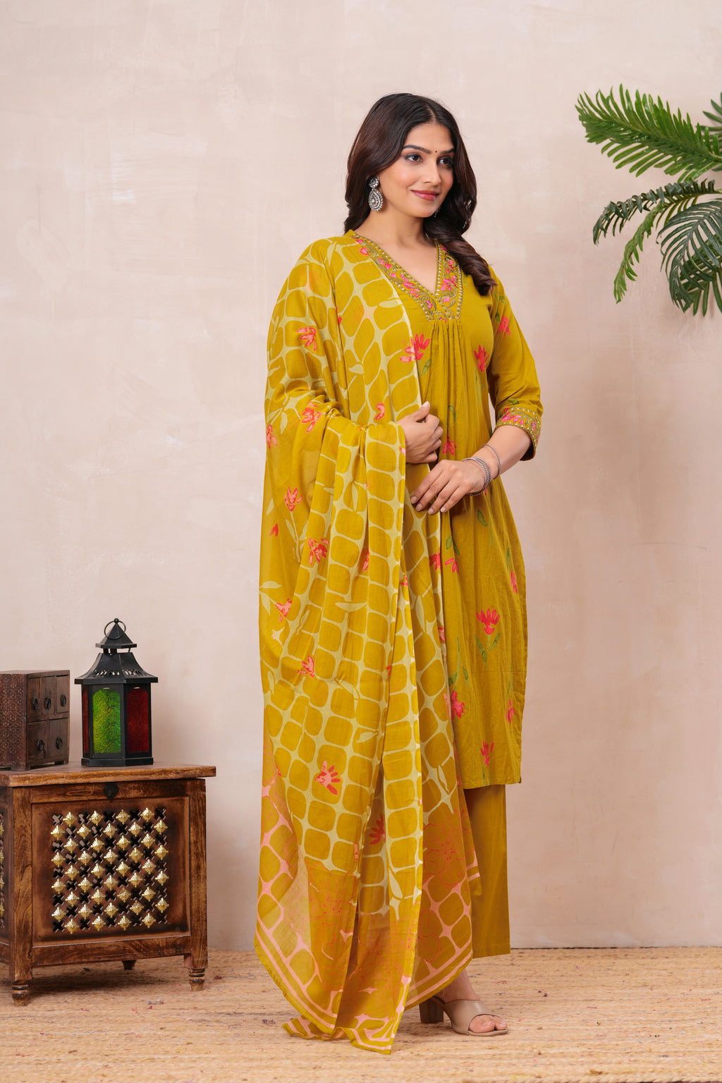 Women’s Cotton Printed Kurta Set with Embroidered Neck & Sleeves