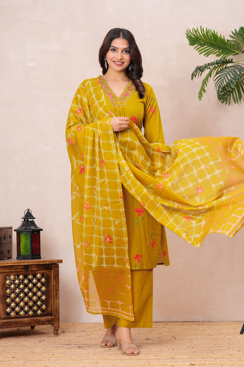 Women’s Cotton Printed Kurta Set with Embroidered Neck & Sleeves