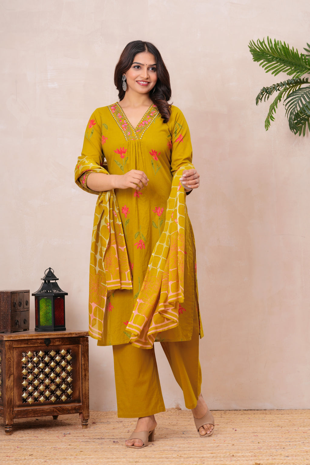 Women’s Cotton Printed Kurta Set with Embroidered Neck & Sleeves