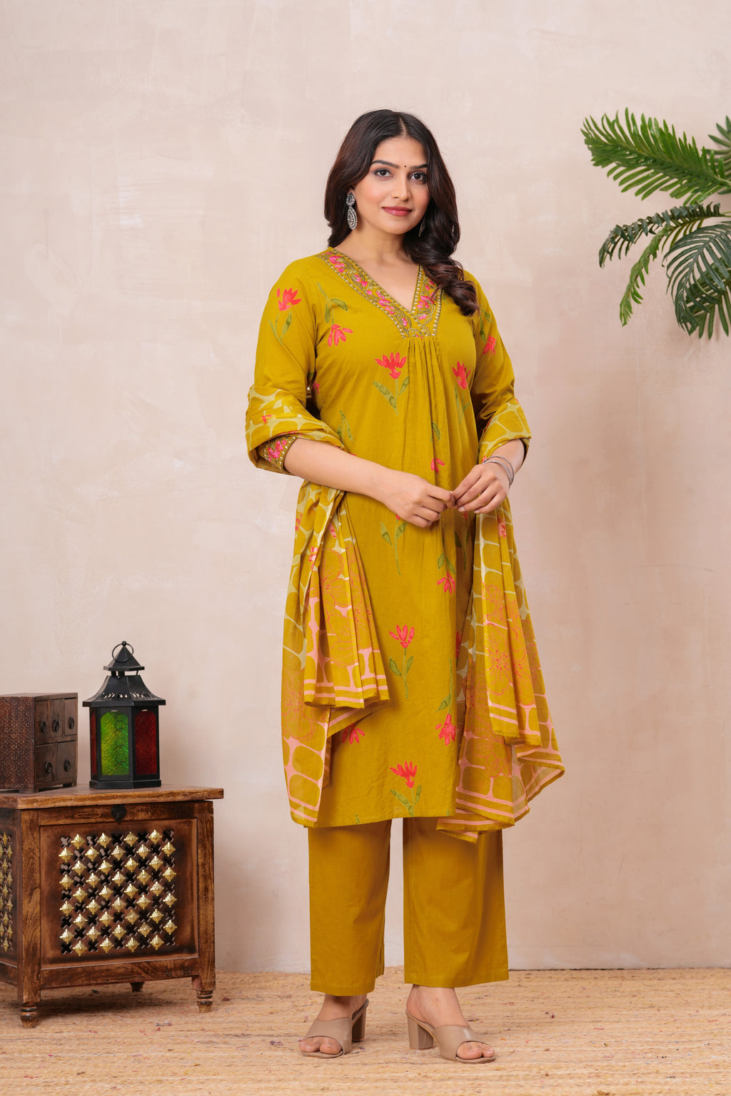 Women’s Cotton Printed Kurta Set with Embroidered Neck & Sleeves