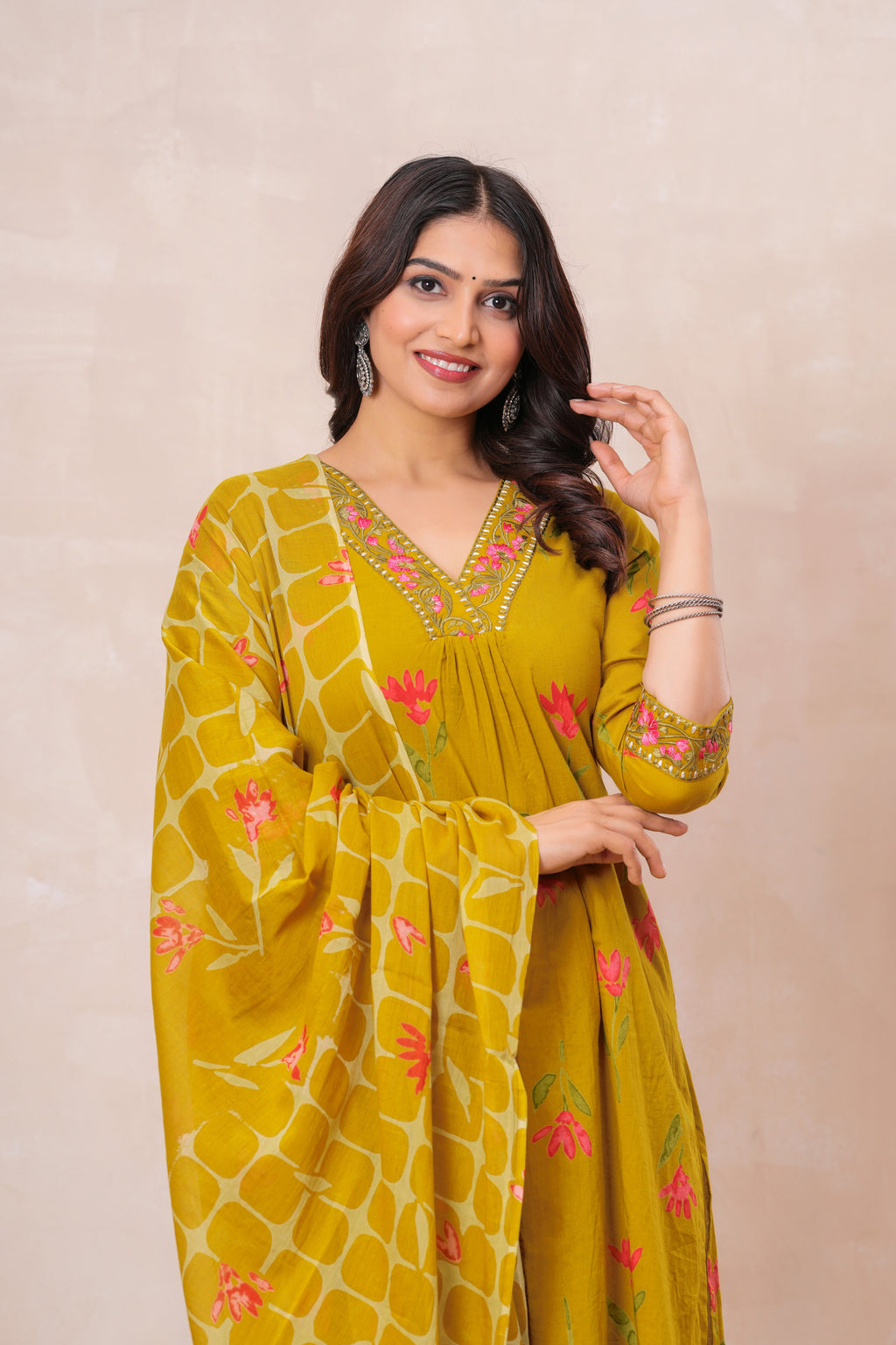 Women’s Cotton Printed Kurta Set with Embroidered Neck & Sleeves
