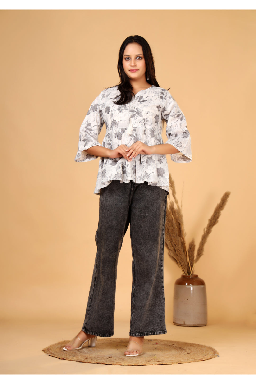 Women’s  Printed Pure Cotton Short Kurti with Flared Sleeves