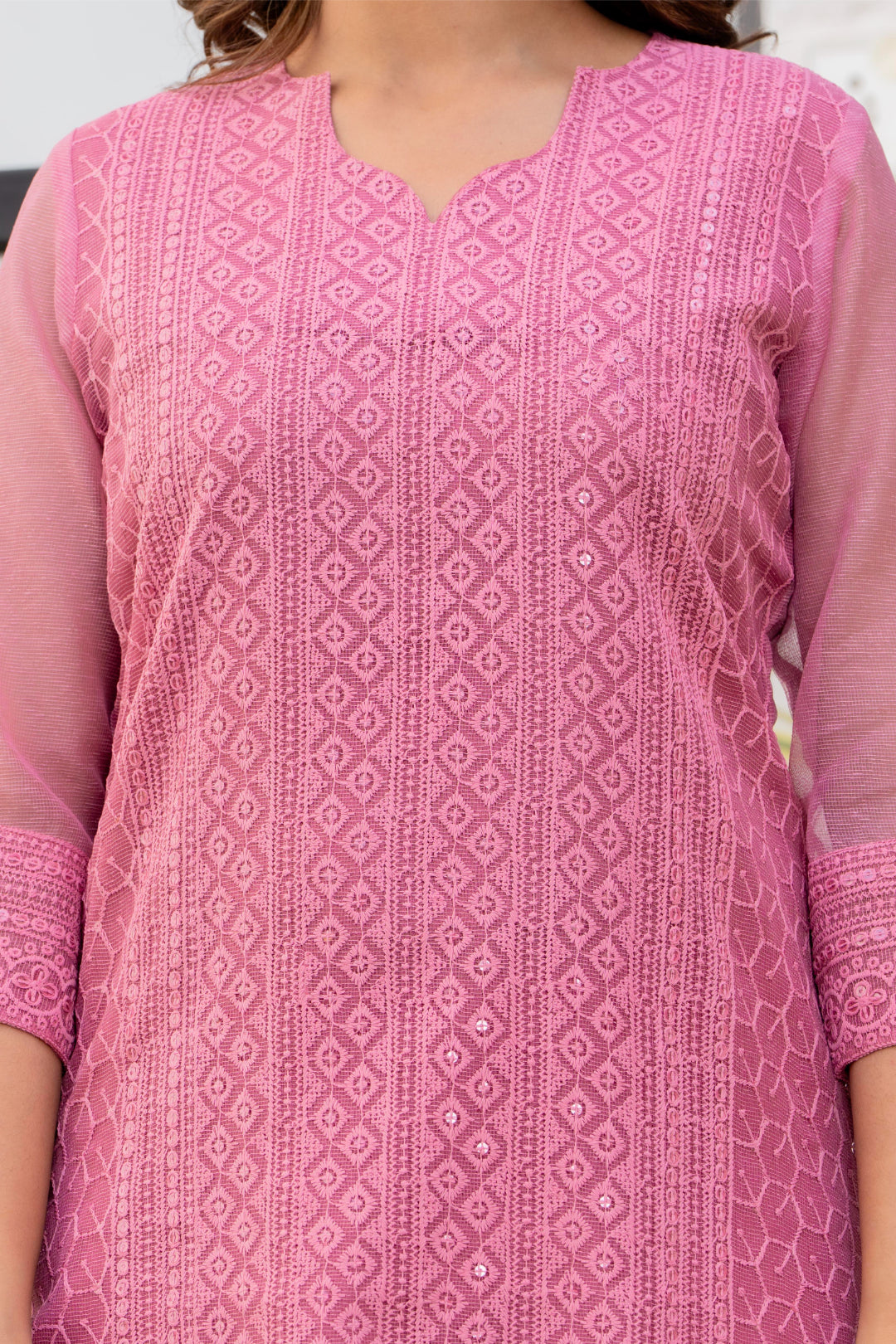 Special Edition: Premium Fancy Razzo Lucknowi Chikankari Kurti with Cotton Silk Pant & Embroidered Dupatta