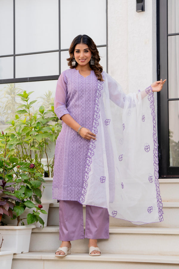 Special Edition: Premium Fancy Razzo Lucknowi Chikankari Kurti with Cotton Silk Pant & Embroidered Dupatta