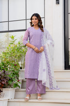 Special Edition: Premium Fancy Razzo Lucknowi Chikankari Kurti with Cotton Silk Pant & Embroidered Dupatta