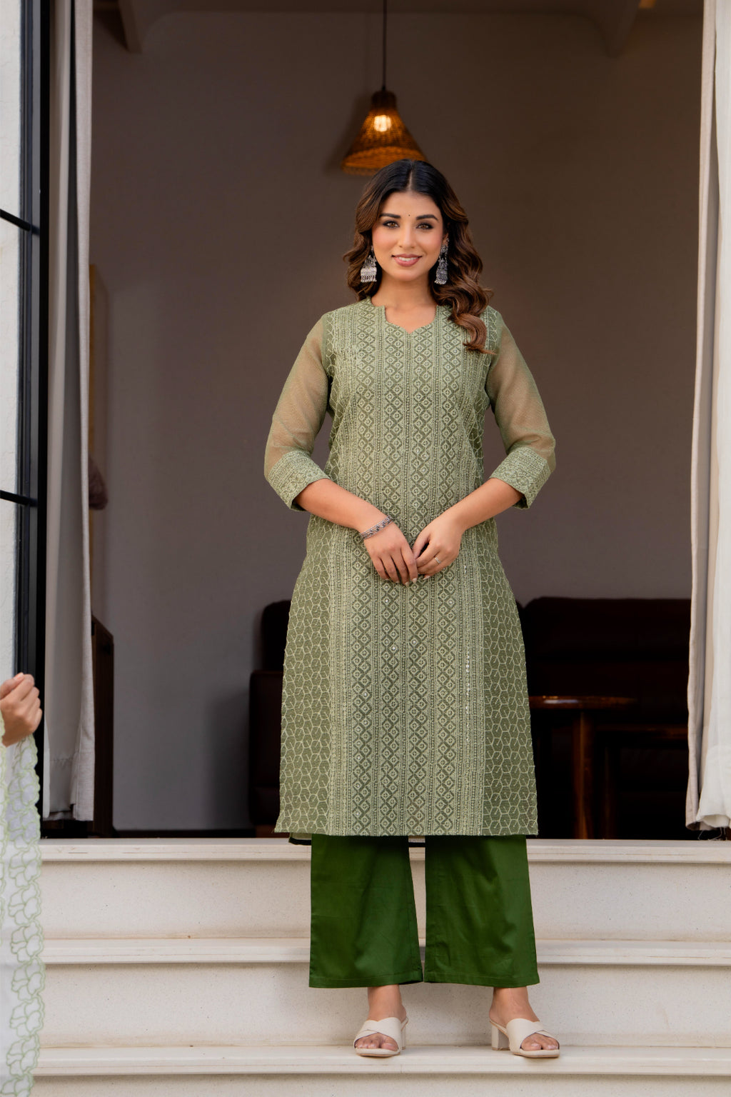 Special Edition: Premium Fancy Razzo Lucknowi Chikankari Kurti with Cotton Silk Pant & Embroidered Dupatta