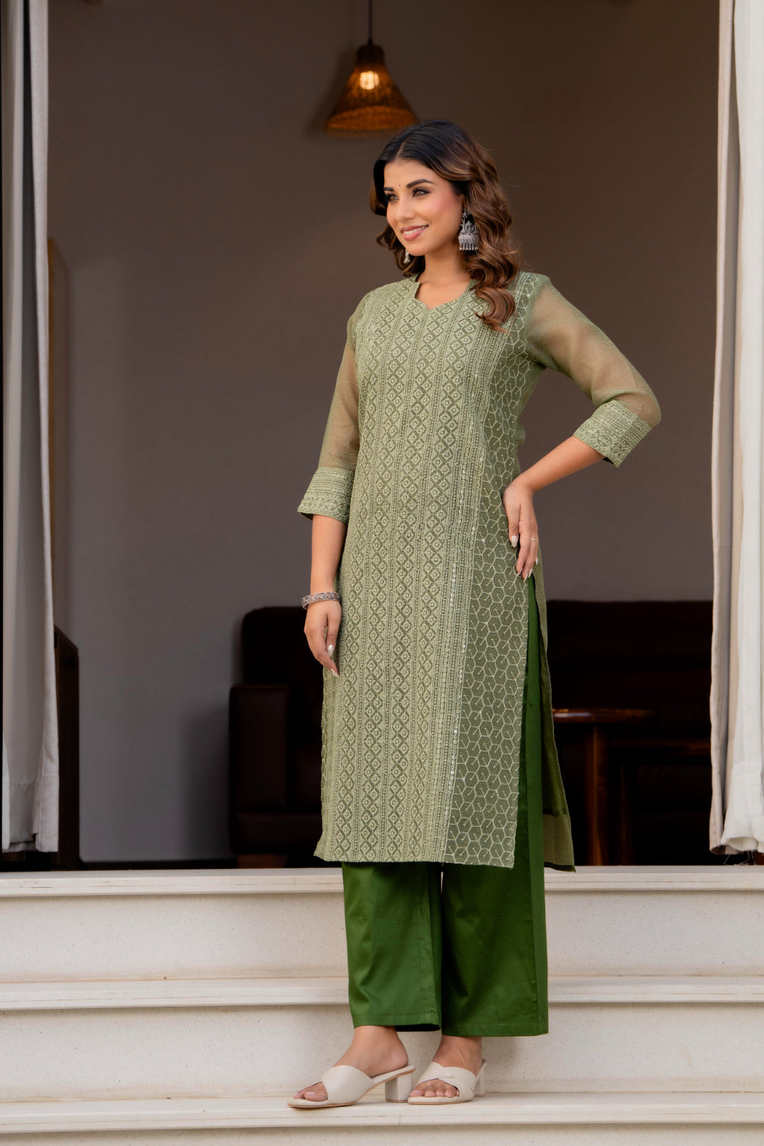 Special Edition: Premium Fancy Razzo Lucknowi Chikankari Kurti with Cotton Silk Pant & Embroidered Dupatta