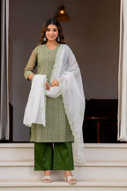 Special Edition: Premium Fancy Razzo Lucknowi Chikankari Kurti with Cotton Silk Pant & Embroidered Dupatta