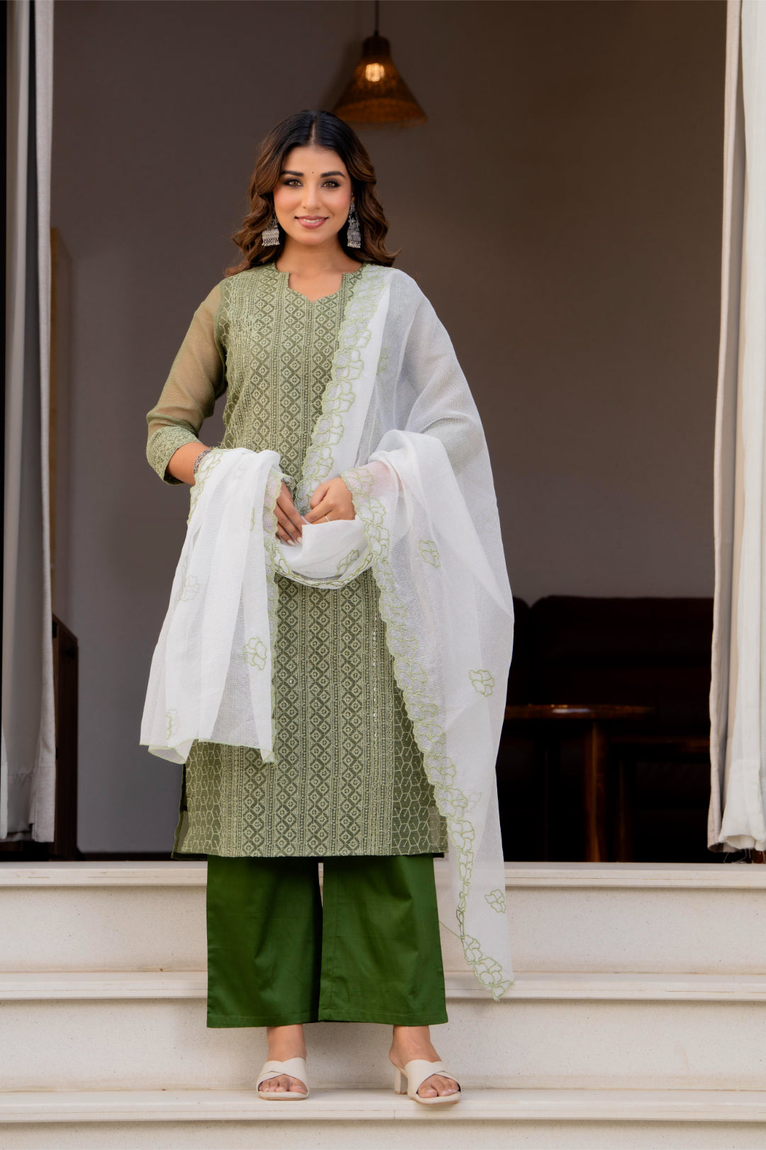 Special Edition: Premium Fancy Razzo Lucknowi Chikankari Kurti with Cotton Silk Pant & Embroidered Dupatta