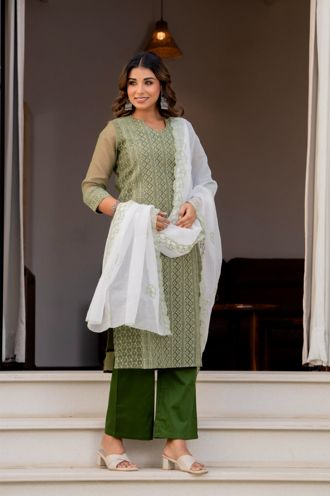 Special Edition: Premium Fancy Razzo Lucknowi Chikankari Kurti with Cotton Silk Pant & Embroidered Dupatta