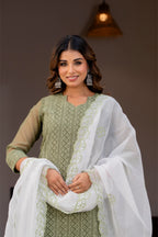 Special Edition: Premium Fancy Razzo Lucknowi Chikankari Kurti with Cotton Silk Pant & Embroidered Dupatta