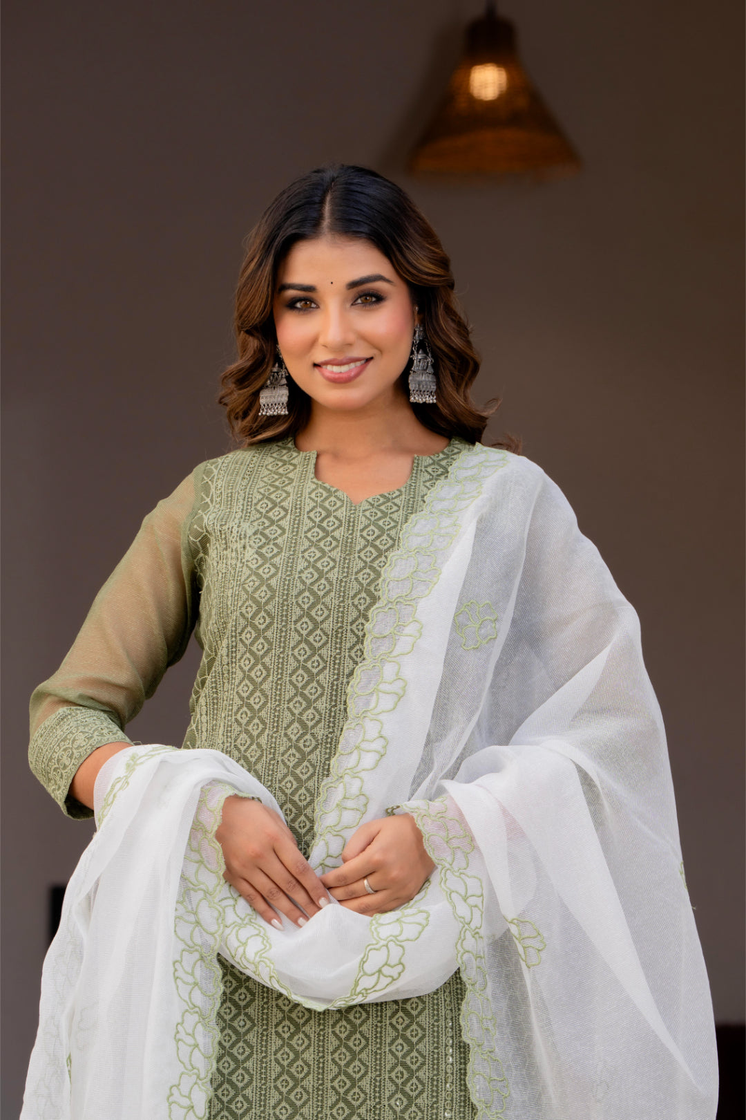 Special Edition: Premium Fancy Razzo Lucknowi Chikankari Kurti with Cotton Silk Pant & Embroidered Dupatta