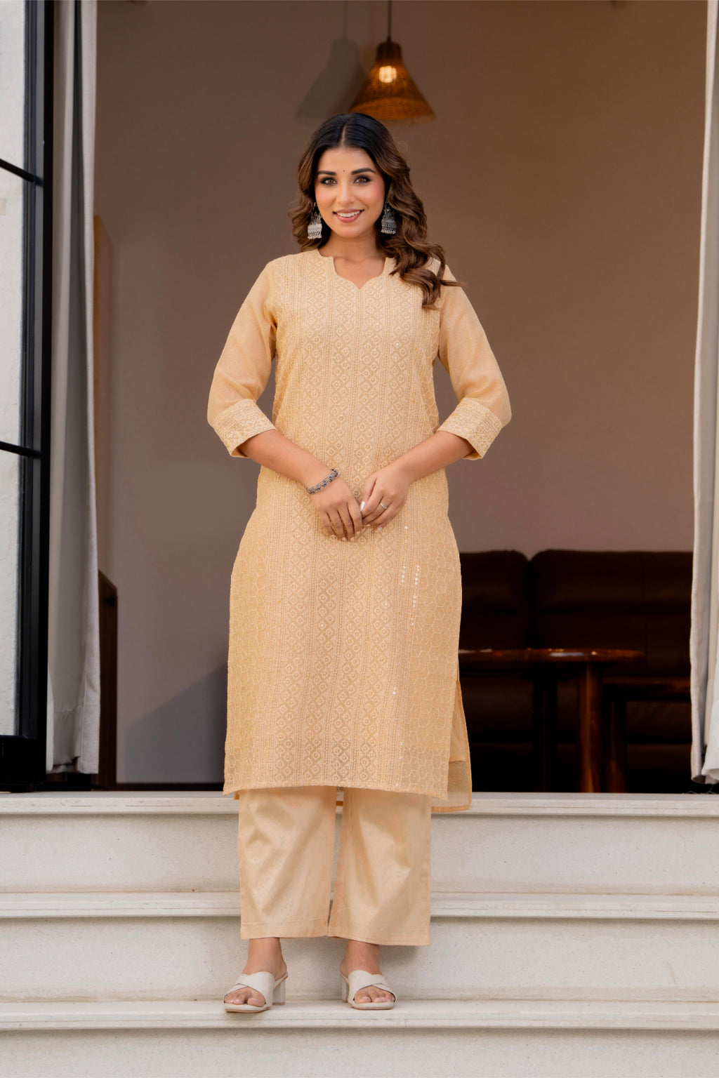 Special Edition: Premium Fancy Razzo Lucknowi Chikankari Kurti with Cotton Silk Pant & Embroidered Dupatta