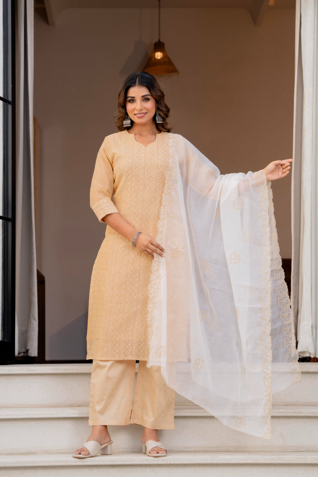 Special Edition: Premium Fancy Razzo Lucknowi Chikankari Kurti with Cotton Silk Pant & Embroidered Dupatta