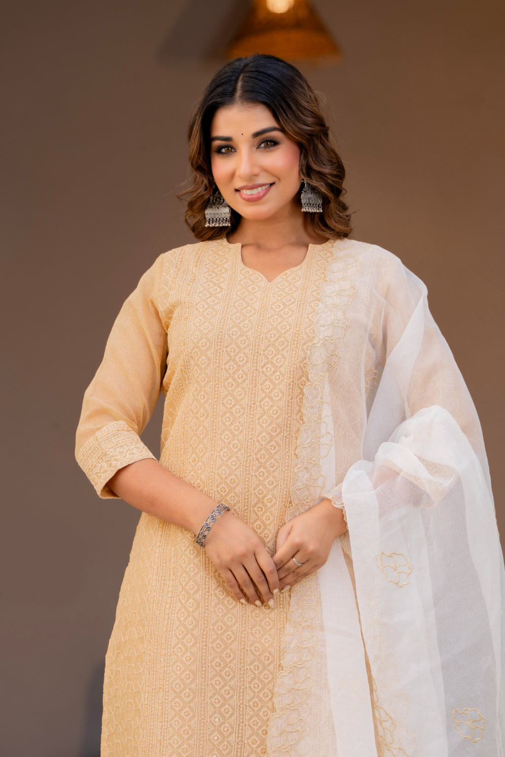 Special Edition: Premium Fancy Razzo Lucknowi Chikankari Kurti with Cotton Silk Pant & Embroidered Dupatta