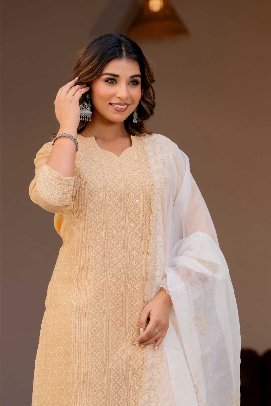 Special Edition: Premium Fancy Razzo Lucknowi Chikankari Kurti with Cotton Silk Pant & Embroidered Dupatta