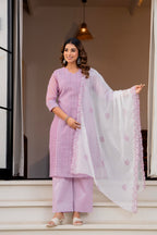 Special Edition: Premium Fancy Razzo Lucknowi Chikankari Kurti with Cotton Silk Pant & Embroidered Dupatta