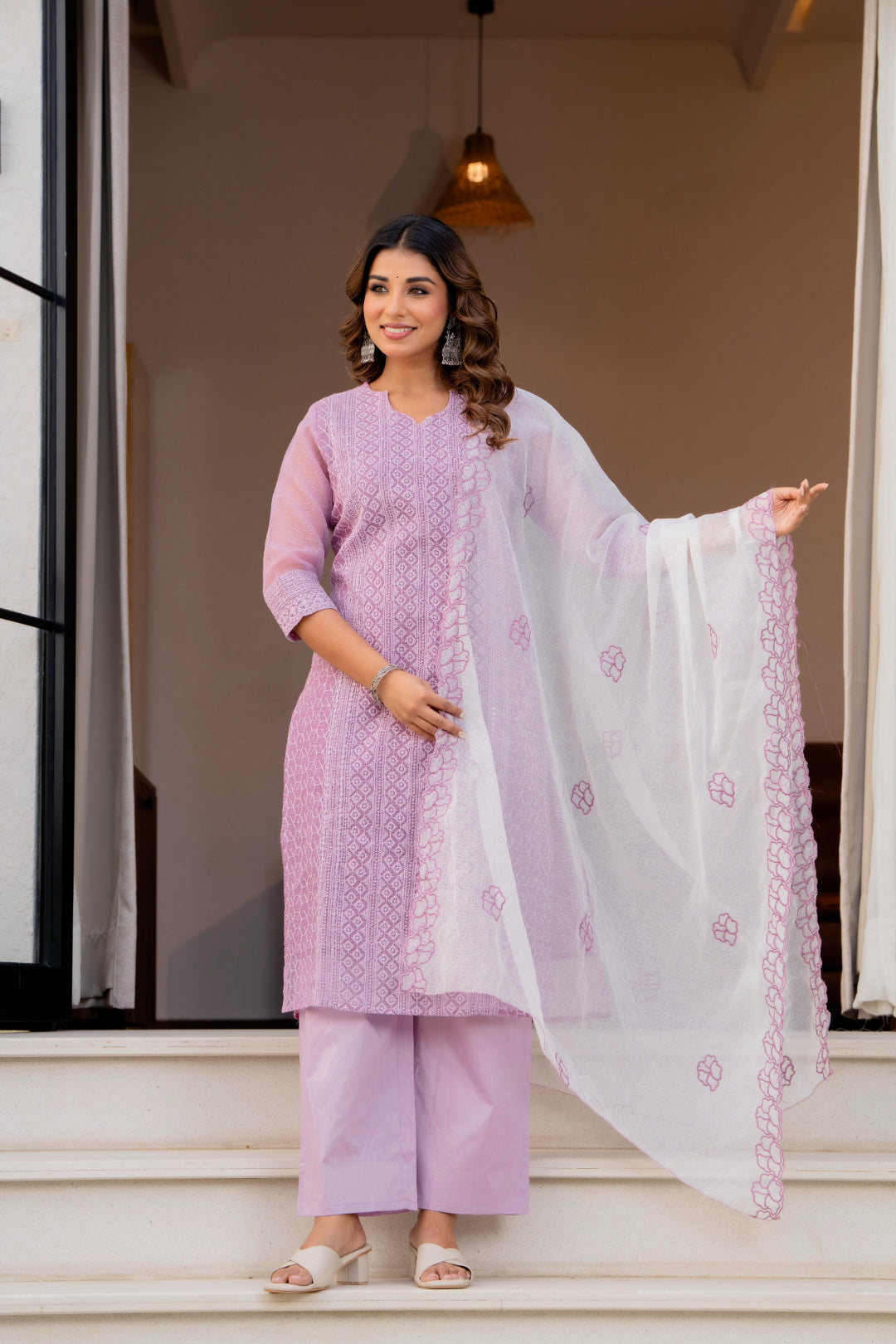 Special Edition: Premium Fancy Razzo Lucknowi Chikankari Kurti with Cotton Silk Pant & Embroidered Dupatta