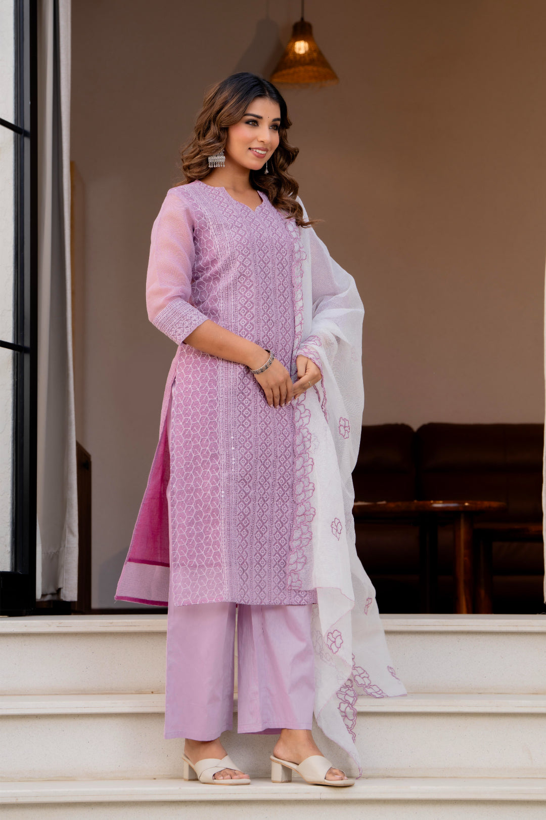 Special Edition: Premium Fancy Razzo Lucknowi Chikankari Kurti with Cotton Silk Pant & Embroidered Dupatta