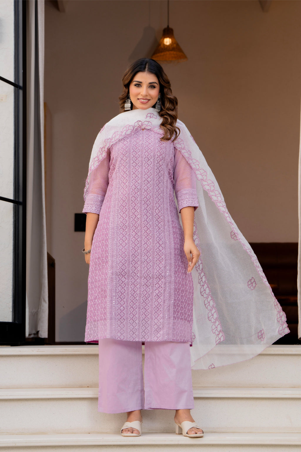 Special Edition: Premium Fancy Razzo Lucknowi Chikankari Kurti with Cotton Silk Pant & Embroidered Dupatta