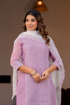 Special Edition: Premium Fancy Razzo Lucknowi Chikankari Kurti with Cotton Silk Pant & Embroidered Dupatta
