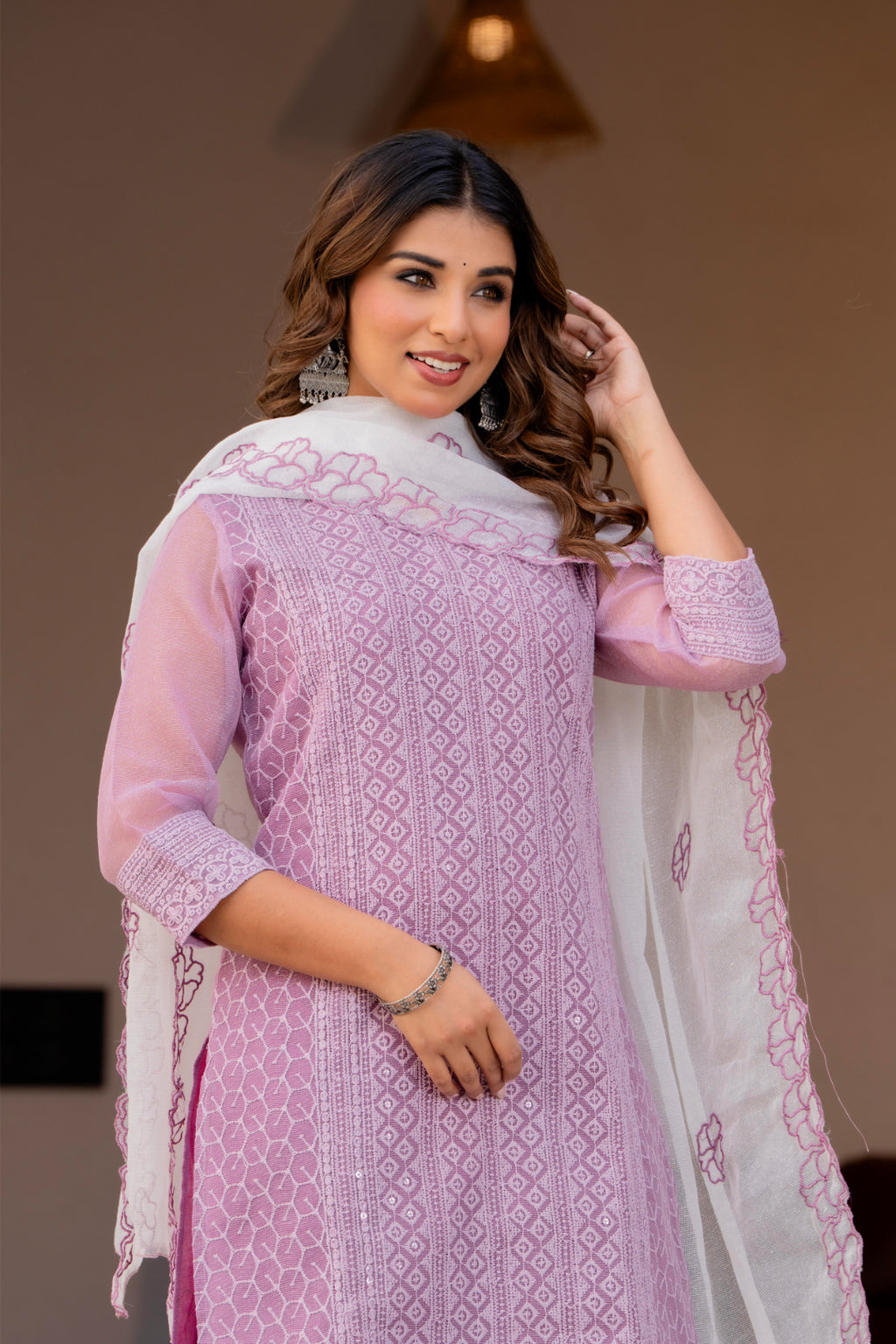 Special Edition: Premium Fancy Razzo Lucknowi Chikankari Kurti with Cotton Silk Pant & Embroidered Dupatta