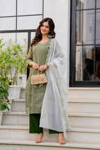 Zarizaara Special Edition:Premium Fancy Razzo Lucknowi Chikankari Kurti with Cotton Silk Pant & Embroidered Dupatta