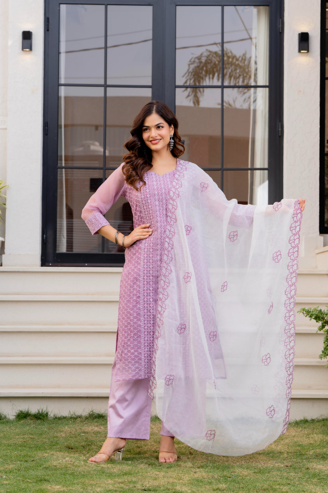 Zarizaara Special Edition:Premium Fancy Razzo Lucknowi Chikankari Kurti with Cotton Silk Pant & Embroidered Dupatta
