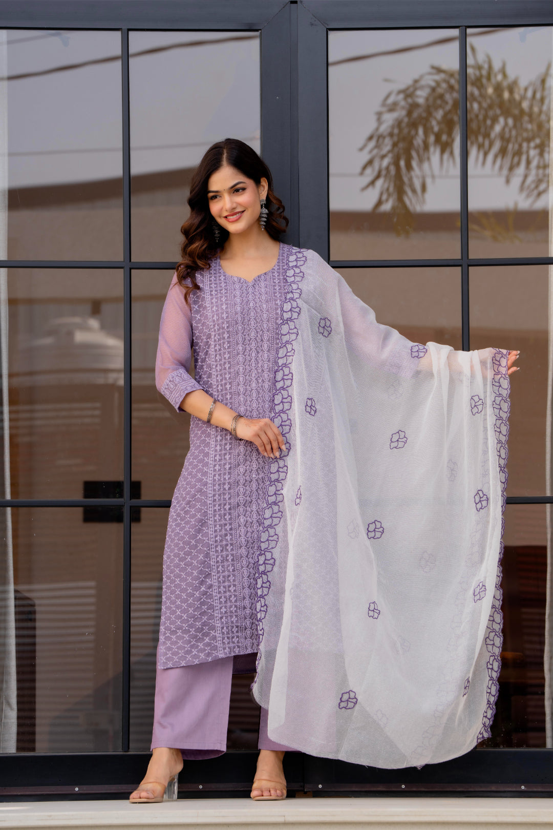 Zarizaara Special Edition:Premium Fancy Razzo Lucknowi Chikankari Kurti with Cotton Silk Pant & Embroidered Dupatta
