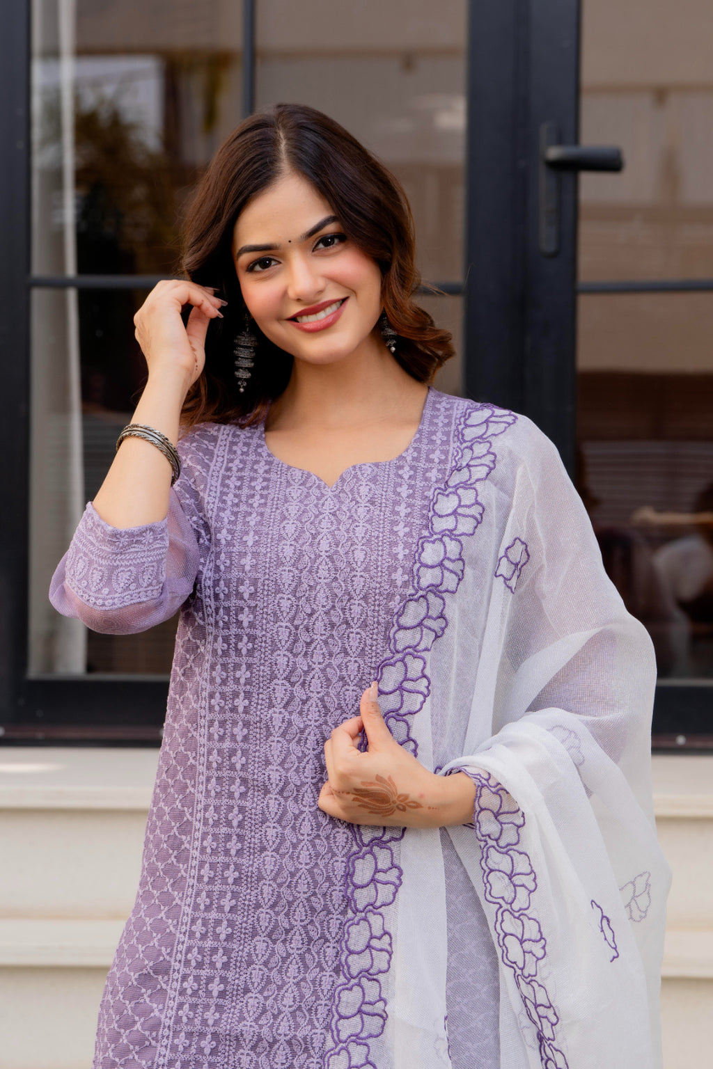 Zarizaara Special Edition:Premium Fancy Razzo Lucknowi Chikankari Kurti with Cotton Silk Pant & Embroidered Dupatta