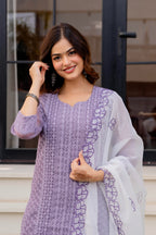 Zarizaara Special Edition:Premium Fancy Razzo Lucknowi Chikankari Kurti with Cotton Silk Pant & Embroidered Dupatta