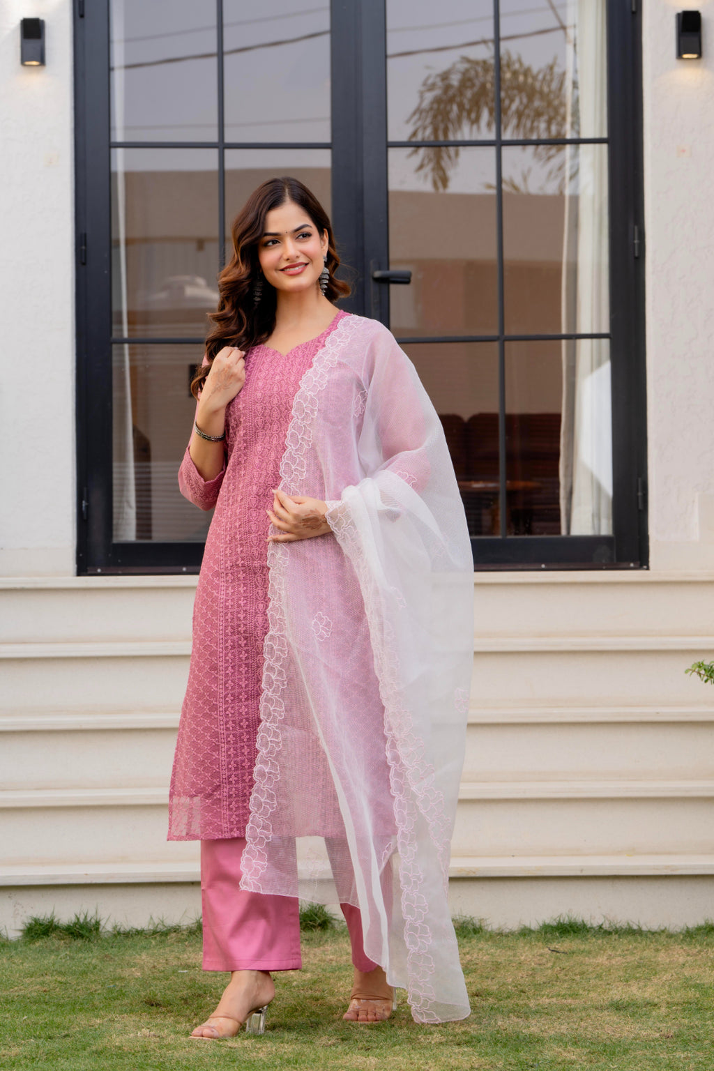 Zarizaara Special Edition:Premium Fancy Razzo Lucknowi Chikankari Kurti with Cotton Silk Pant & Embroidered Dupatta