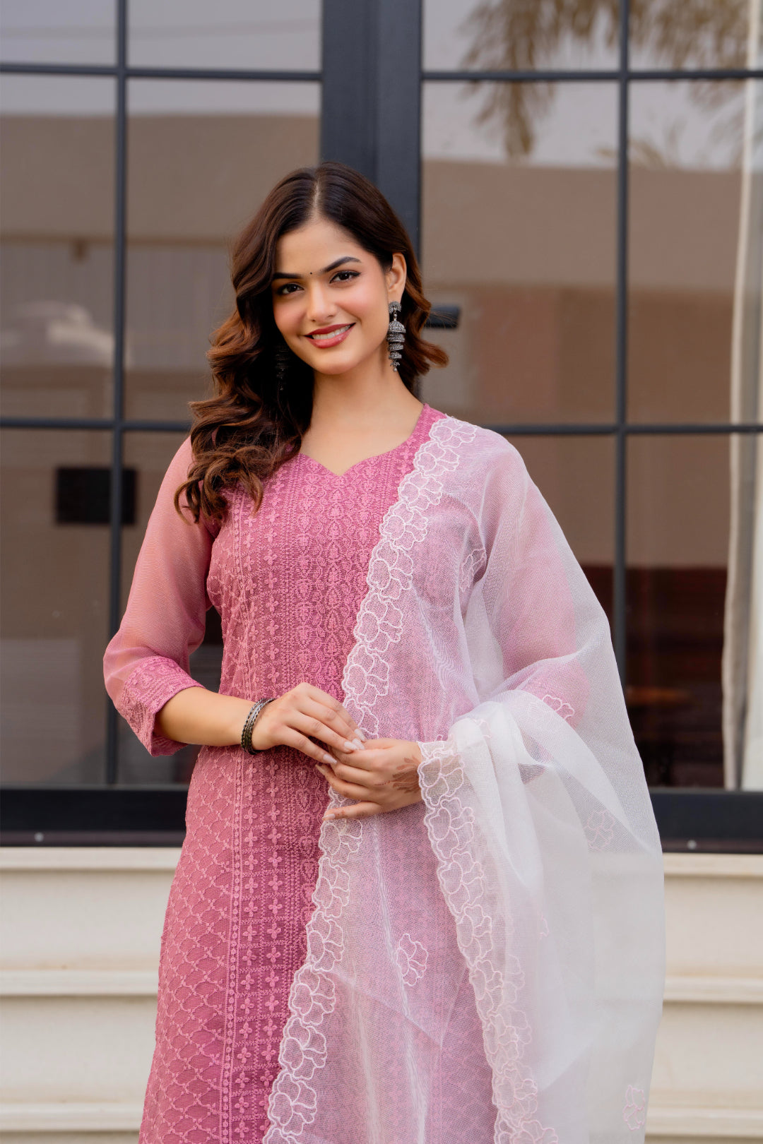 Zarizaara Special Edition:Premium Fancy Razzo Lucknowi Chikankari Kurti with Cotton Silk Pant & Embroidered Dupatta