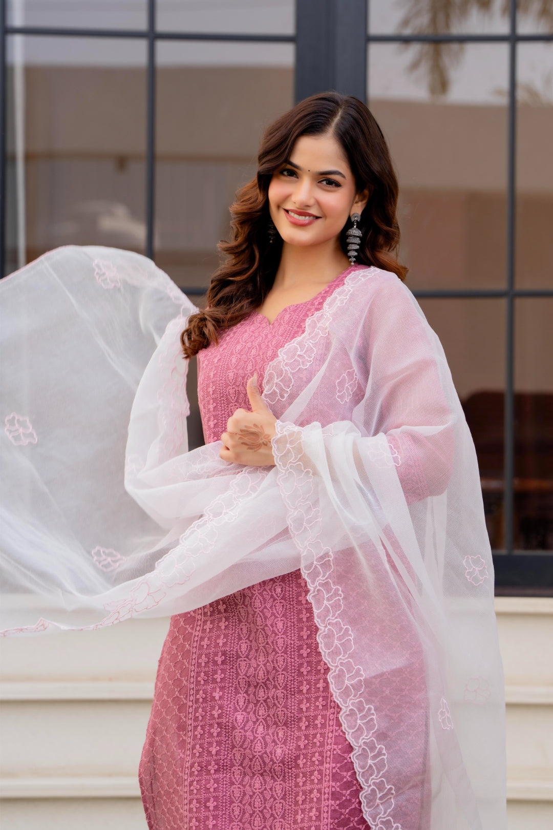 Zarizaara Special Edition:Premium Fancy Razzo Lucknowi Chikankari Kurti with Cotton Silk Pant & Embroidered Dupatta