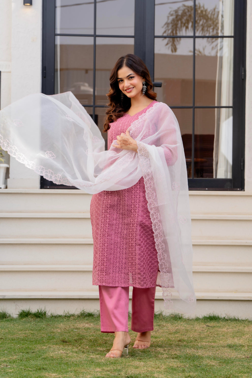 Zarizaara Special Edition:Premium Fancy Razzo Lucknowi Chikankari Kurti with Cotton Silk Pant & Embroidered Dupatta