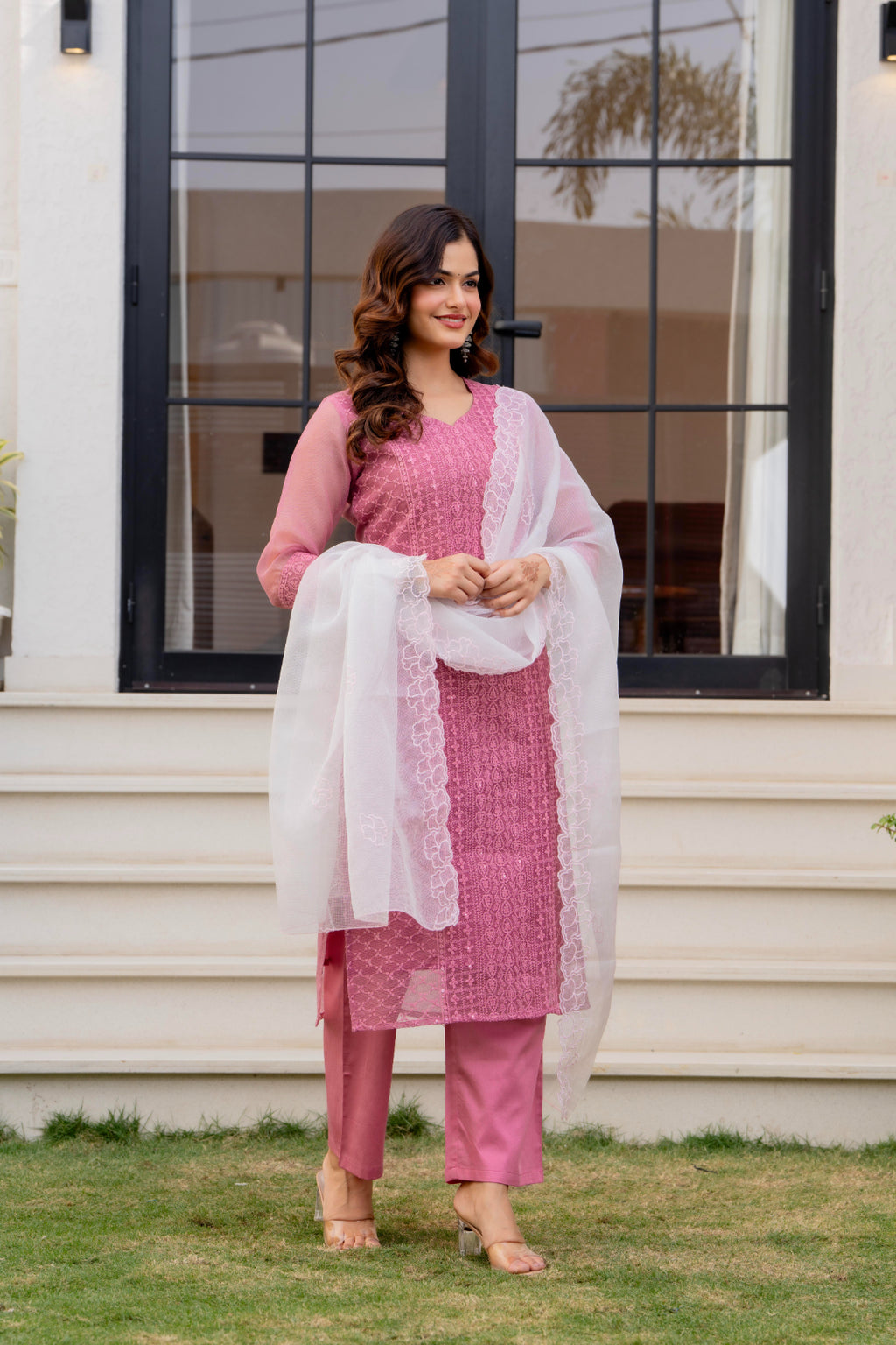 Zarizaara Special Edition:Premium Fancy Razzo Lucknowi Chikankari Kurti with Cotton Silk Pant & Embroidered Dupatta