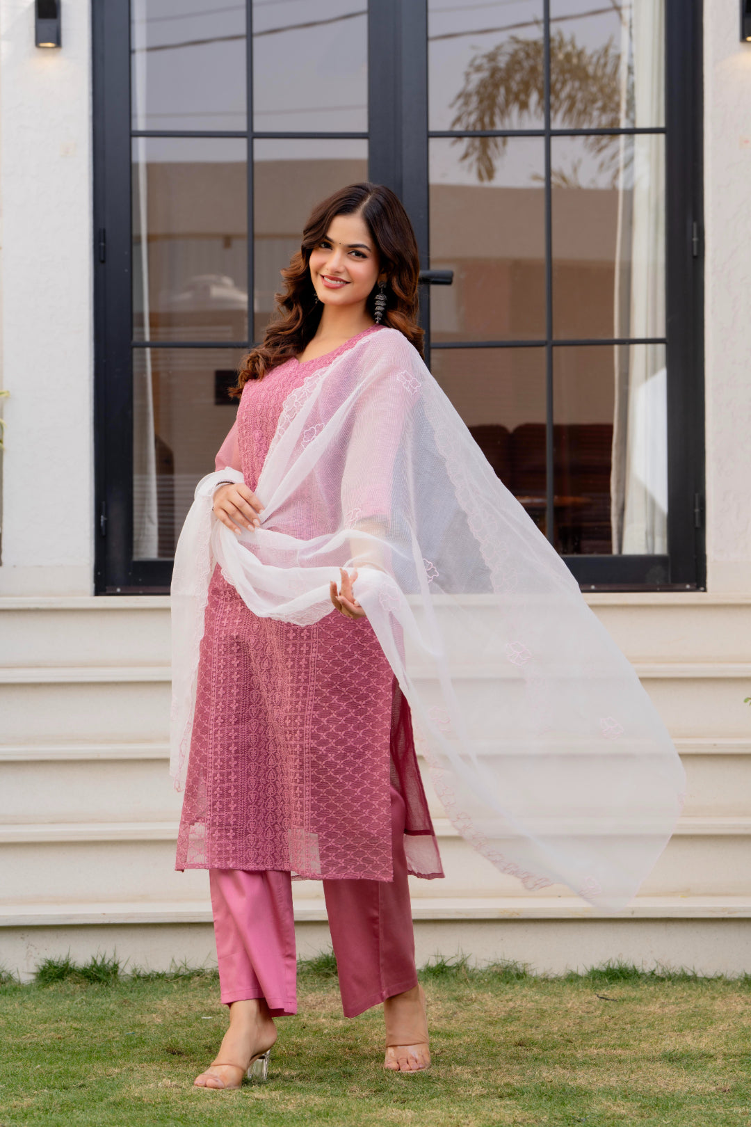 Zarizaara Special Edition:Premium Fancy Razzo Lucknowi Chikankari Kurti with Cotton Silk Pant & Embroidered Dupatta