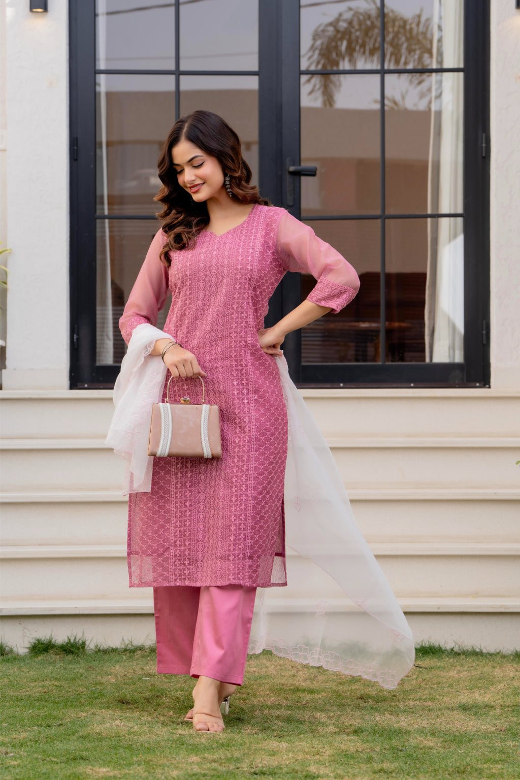 Zarizaara Special Edition:Premium Fancy Razzo Lucknowi Chikankari Kurti with Cotton Silk Pant & Embroidered Dupatta