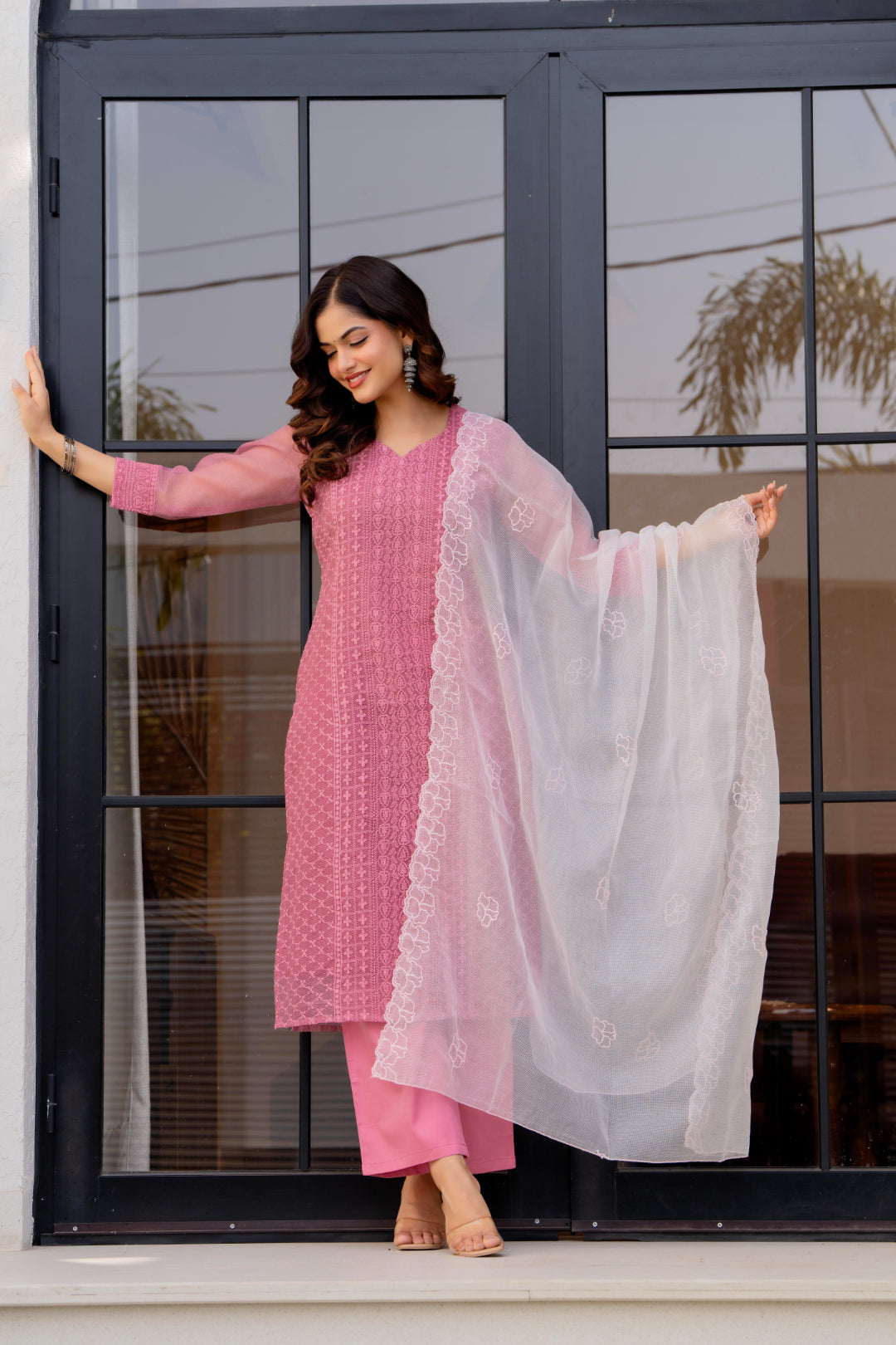 Zarizaara Special Edition:Premium Fancy Razzo Lucknowi Chikankari Kurti with Cotton Silk Pant & Embroidered Dupatta