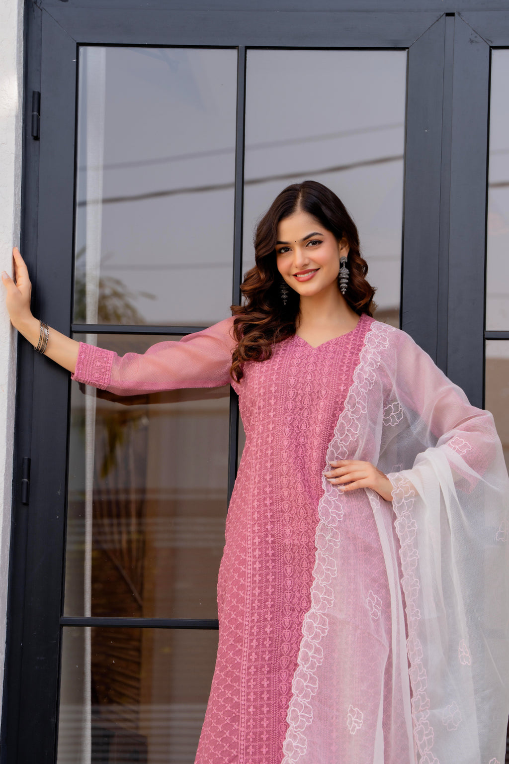 Zarizaara Special Edition:Premium Fancy Razzo Lucknowi Chikankari Kurti with Cotton Silk Pant & Embroidered Dupatta