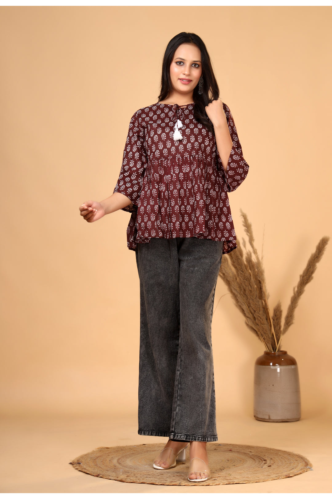 Women’s  Printed Pure Cotton Short Kurti with Flared Sleeves